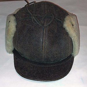 GENUINE SHEARLING LEATHER MENS TRAPPER HAT COGNAC SIZE: M MADE IN USA MSRP $150
